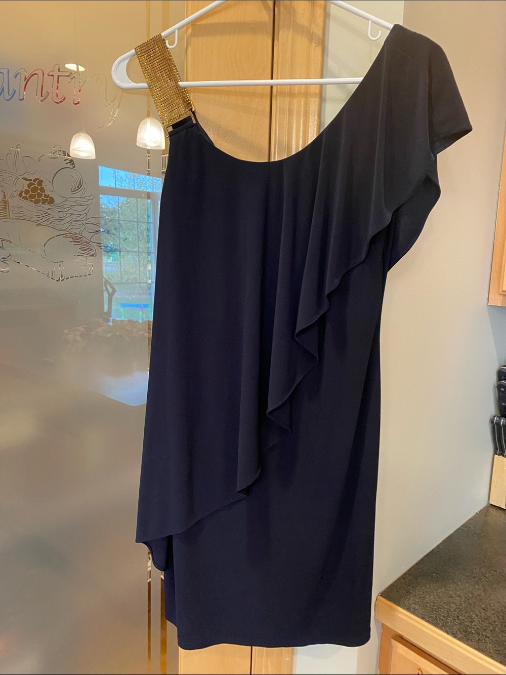 Betsy & Adam Dark Navy Dress with Gold Strap